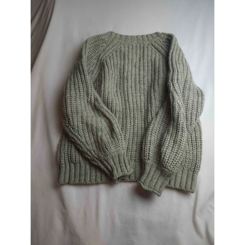American Eagle Sweater Womens Medium Green V-Neck Knit Pullover Textured Chunky